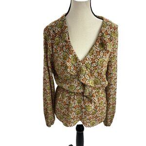 Max Studio Womens M Brown Floral Ruffle V Neck Long Sleeve Peplum Blouse